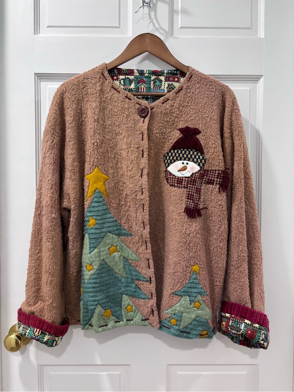 Manual Woodworkers Weavers Folkart Christmas Cardigan Snowman Reversible Large